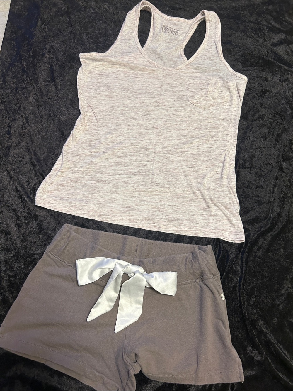 Heathered Light Gray Racerback Tank & Charcoal Tie-Waist Shorts Pajama Set